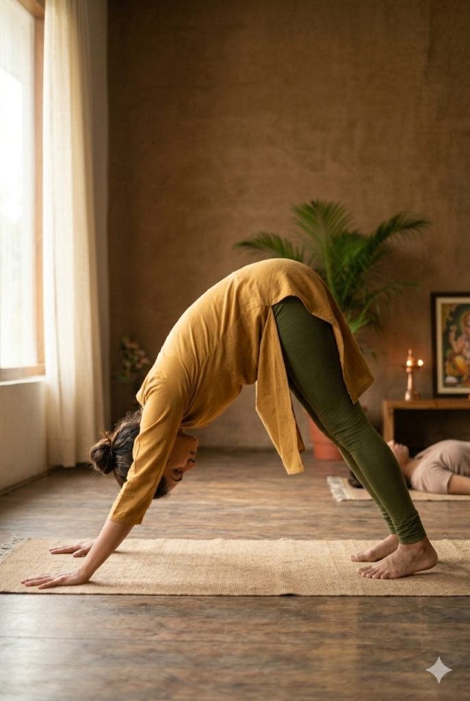 "अधोमुख श्वानासन (Downward-Facing Dog) योग मुद्रा - पूरी रीढ़ की हड्डी को स्ट्रेच करने और कमर दर्द से राहत पाने का सही तरीका"