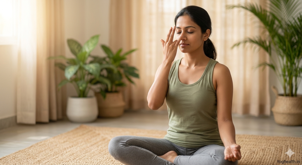 एक महिला सही मुद्रा में अनुलोम-विलोम प्राणायाम (alternative nostril breathing) कर रही है。 यह प्राणायाम मानसिक शांति और सिर दर्द में राहत के लिए बहुत फायदेमंद है。 Yoghealth.in पर इसका विस्तृत लेख पढ़ें。